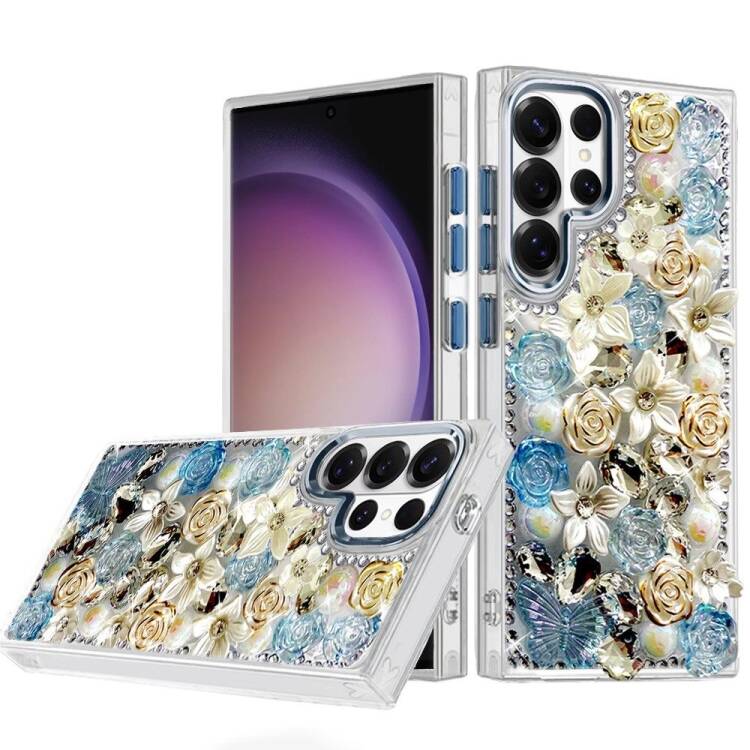 Phone Case for Samsung Galaxy S23 Ultra Luxury Rose Bling Rhinestone Glitter Floral Hybrid Shockproof Stylish Protective Designer Ornament Sparkle Cover Blue