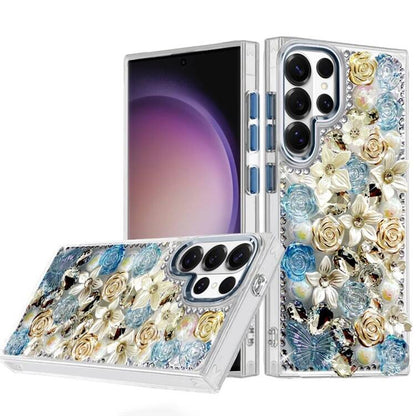 Phone Case for Samsung Galaxy S23 Ultra Luxury Rose Bling Rhinestone Glitter Floral Hybrid Shockproof Stylish Protective Designer Ornament Sparkle Cover Blue