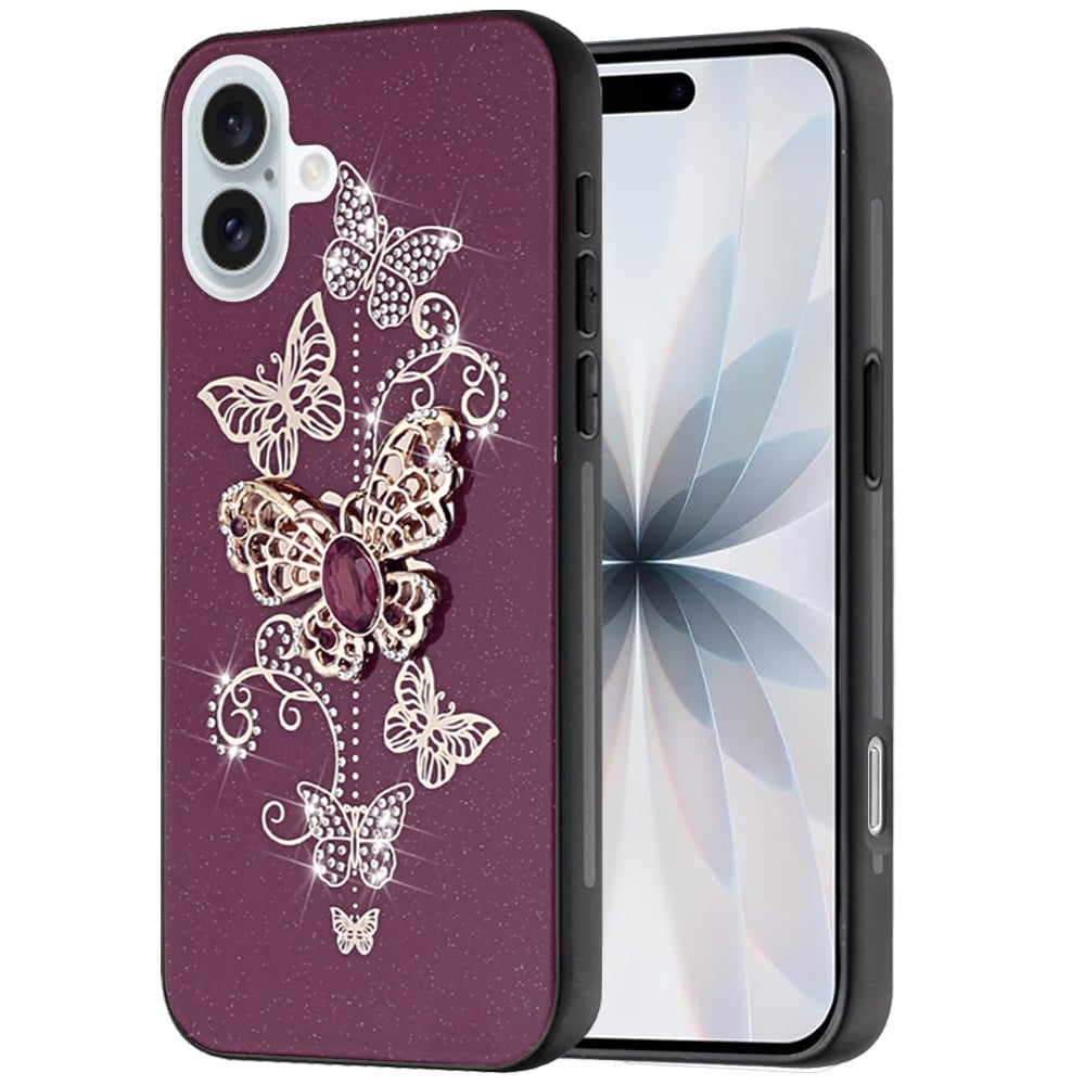 Phone Case for Apple iPhone 17 Diamond Glitter 3D Butterfly Engraved Luxury Bling Hybrid Shockproof Chrome Edge Protective Durable Grip Cover Purple