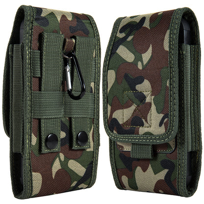 For Apple iPhone 16 Plus (6.7") Universal Vertical Pouch Case Camouflage Cell Phone Holster with Belt Clip Loop, Carabiner & Credit Card Slot Cover [Camo Green]