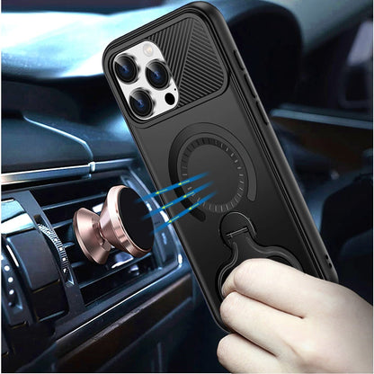 For iPhone 14 Pro Max (6.7") Hybrid with Invisible 2 Hole Ring Stand Magnetic back Car Mount Friendly Protector Case Cover Black