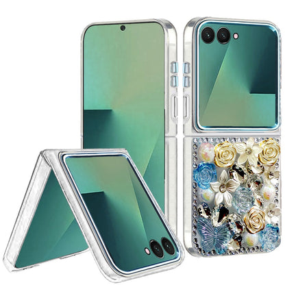 For Samsung Galaxy Z Flip 7 3D Diamond Floral Roses Flower Bling Stone Hybrid, Sparkly Rhinestone Gemstone Back Shockproof Case Cover