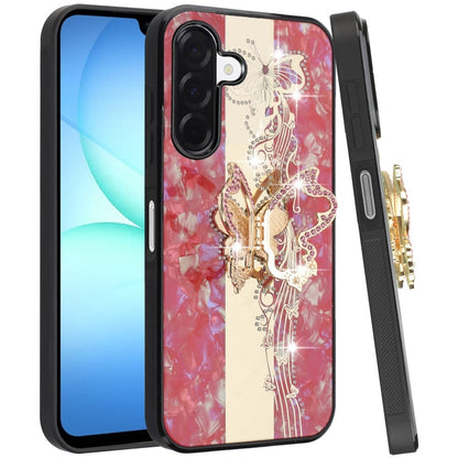 Phone Case for Galaxy A17 5G Diamond Glitter Butterfly Engraved Ring Stand Luxury Bling Hybrid Shockproof Chrome Edge Protective Durable Grip Cover Red