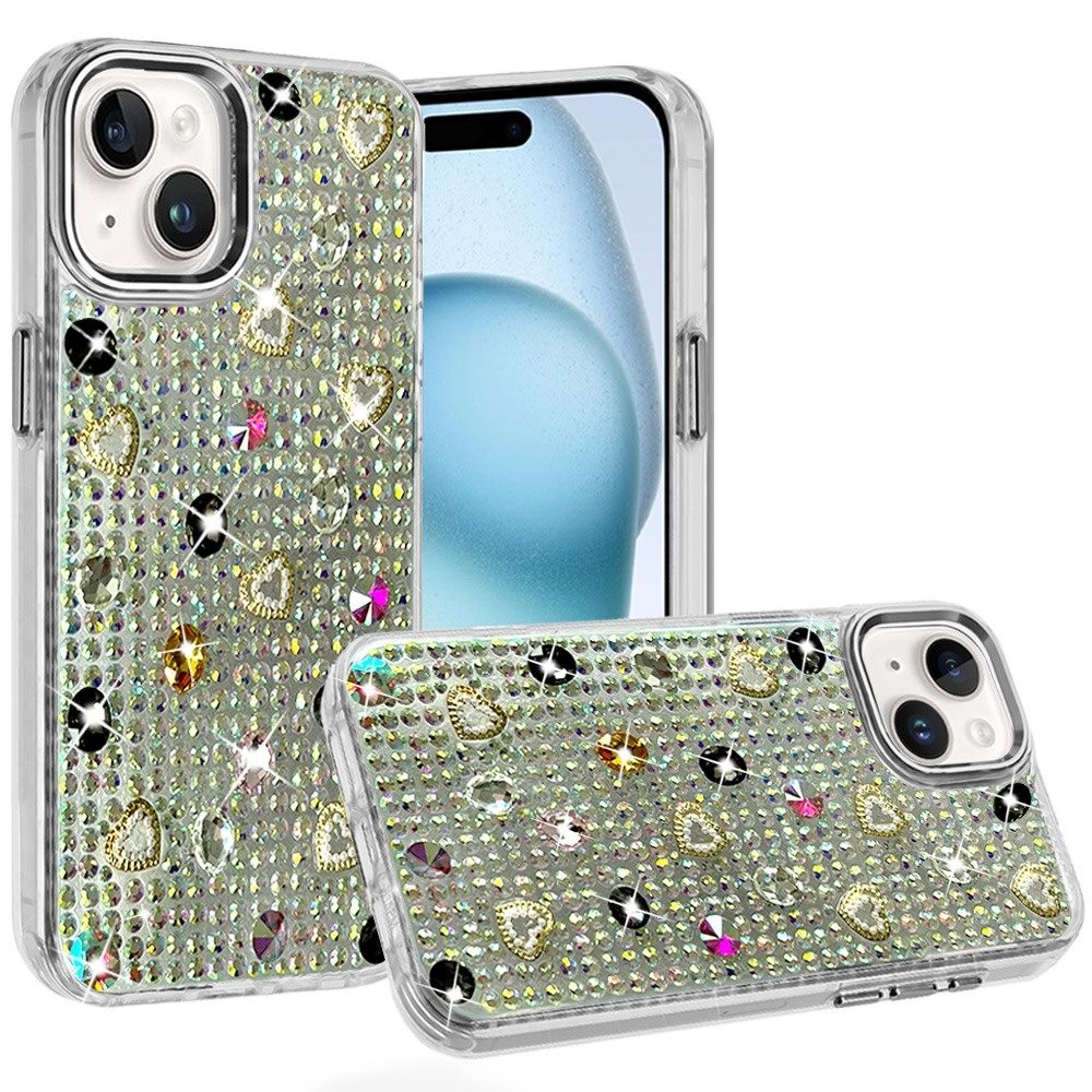 Phone Case for iPhone 15 Chrome Fashion Hybrid Bling Diamond Heart Rhinestone Decorative Stones Sparkling Embellished Design Cover