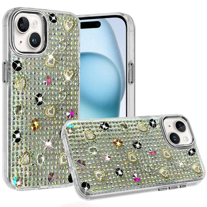 Phone Case for iPhone 15 Chrome Fashion Hybrid Bling Diamond Heart Rhinestone Decorative Stones Sparkling Embellished Design Cover