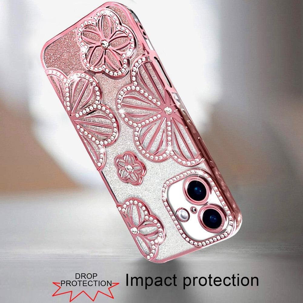 Phone Case for Apple iPhone 16 Shimmer Glitter Floral Thick TPU Shockproof Durable Grip Camera Protection Anti-Scratch Stylish Design Cover Gold