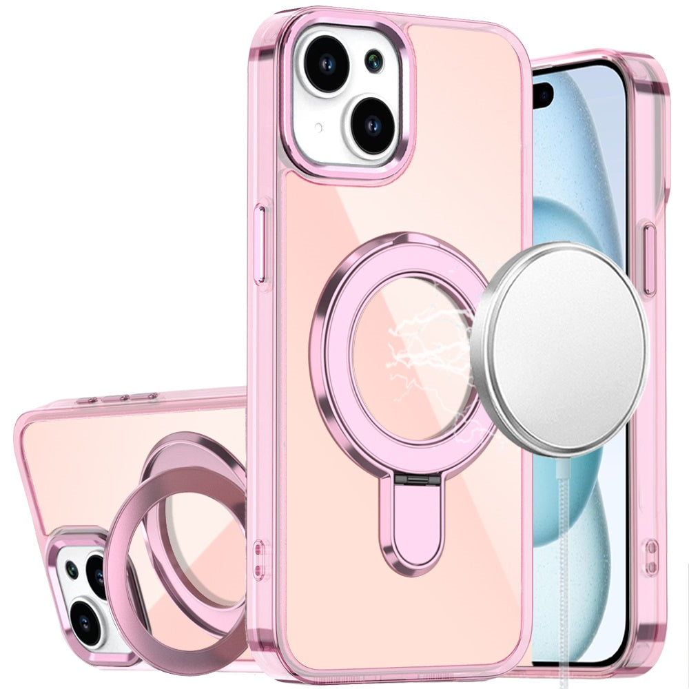 Phone Case for Apple iPhone 15 Chrome Magnetic Ring Stand Rotational Shockproof Hybrid Kickstand Metal Finish Rugged Drop Protection Armor Cover Pink