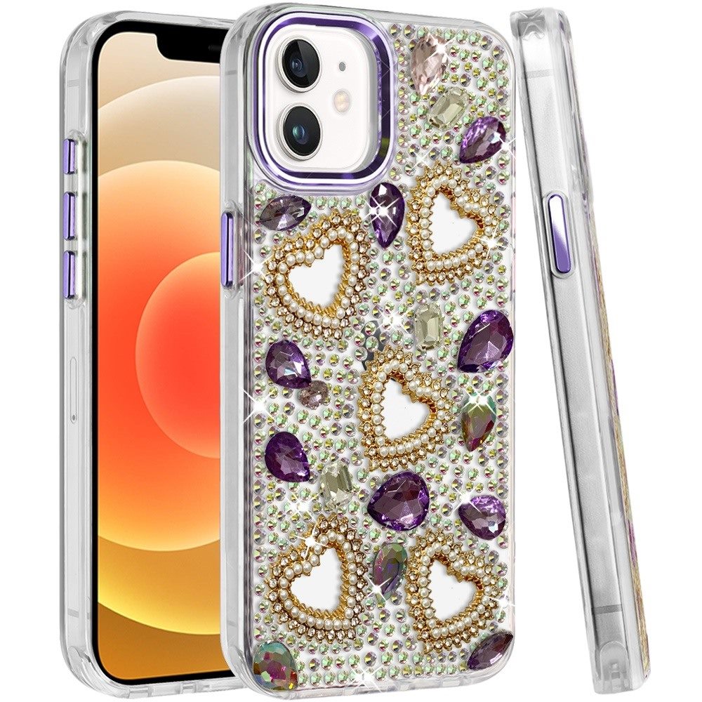 Phone Case for Apple iPhone 12 /12 Pro Luxury Crystal Heart Rhinestone Diamond Bling Shockproof Hybrid Glitter Protective Stylish Durable Grip Cover