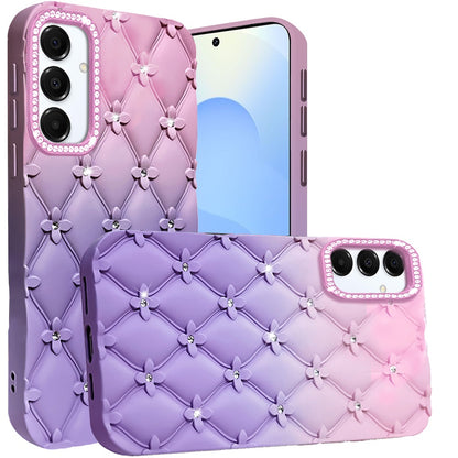 For Samsung Galaxy S25 /S24 Fashion Flower Design Sparkle Glitter Shimmer Rhinestone Bling Floral Accents, Leather Texture TPU Case Cover