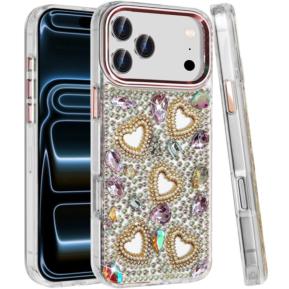 Phone Case for Apple iPhone 18 Pro Max Luxury Crystal Heart Rhinestone Diamond Bling Shockproof Hybrid Glitter Protective Stylish Durable Grip Cover