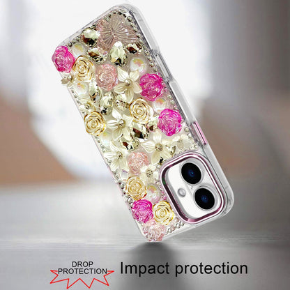 Phone Case for iPhone 17 (6.3") Luxury Rose Bling Rhinestone Glitter Floral Hybrid Shockproof Stylish Protective Designer Ornament Sparkle Cover Pink