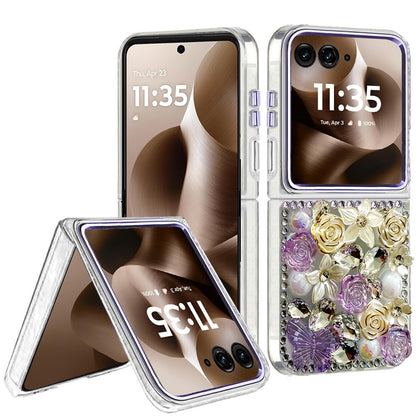 For Motorola Razr Ultra 2025 3D Diamond Floral Roses Flower Bling Stone Hybrid, Sparkly Rhinestone Gemstone Back Shockproof Case Cover