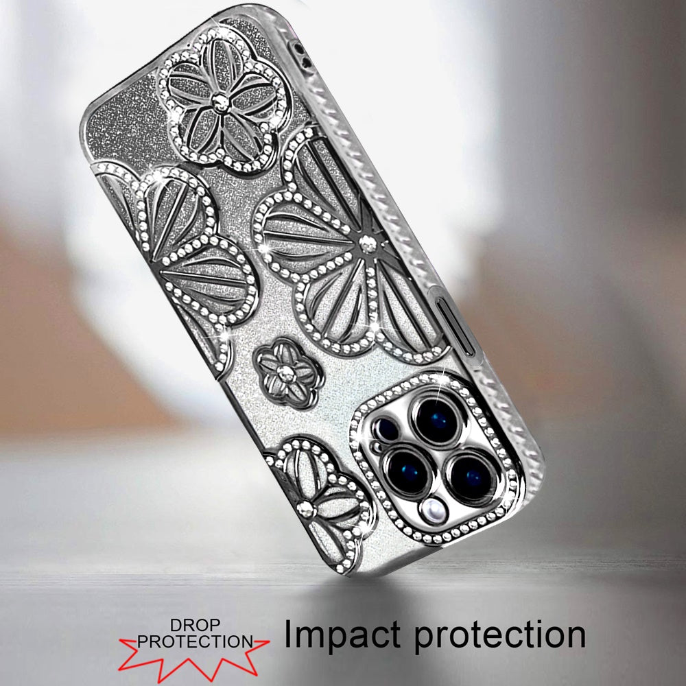 For Apple iPhone 13 Pro Luxury Flower Design Sparkle Glitter Diamond Rhinestone Shimmer Bling Plating Thick TPU Hard PC Case Cover