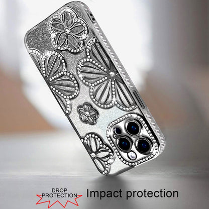 For Apple iPhone 13 Pro Luxury Flower Design Sparkle Glitter Diamond Rhinestone Shimmer Bling Plating Thick TPU Hard PC Case Cover