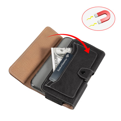 For Apple iPhone 16 (6.1") Universal Phone Holder Horizontal PU Leather with Credit Card Money Slot, Belt Clip Holster Loops Carrying M Pouch [Black]