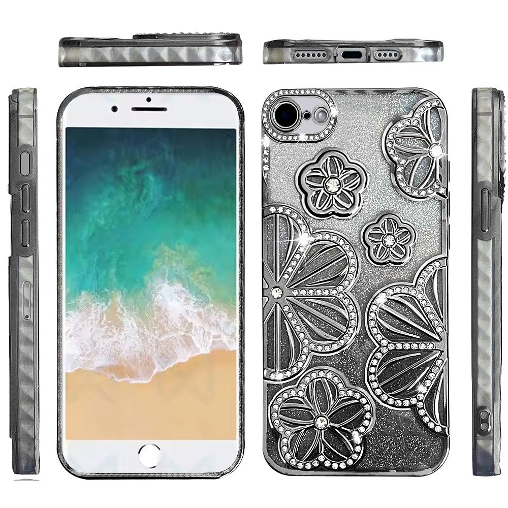 For Apple iPhone 17E /16E Luxury Flower Design Sparkle Glitter Diamond Rhinestone Shimmer Bling Plating Thick TPU Hard PC Case Cover