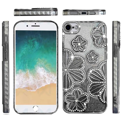 For Apple iPhone 17E /16E Luxury Flower Design Sparkle Glitter Diamond Rhinestone Shimmer Bling Plating Thick TPU Hard PC Case Cover