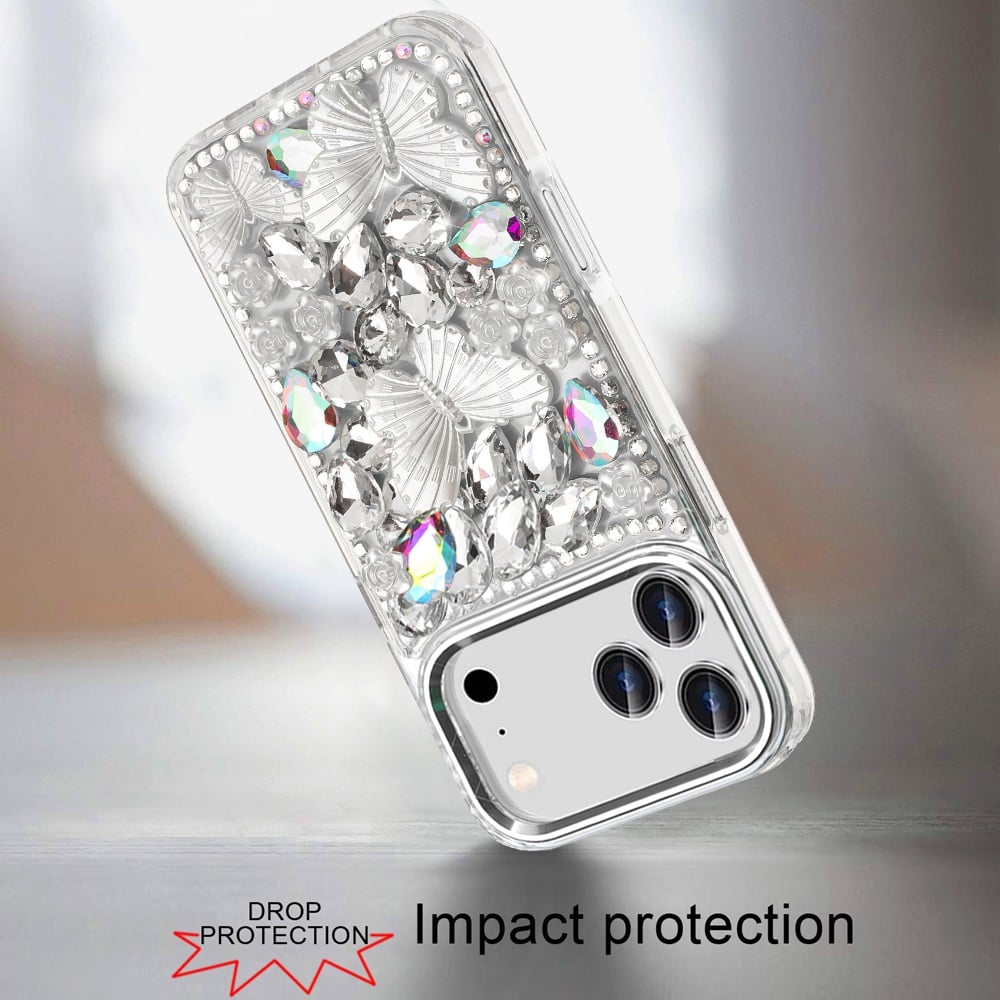 Phone Case for Apple iPhone 17 Pro Max Luxury 3D Floral Butterfly Bling Rhinestone Glitter Shockproof Stylish Protective Hybrid Designer Metallic Cover Silver