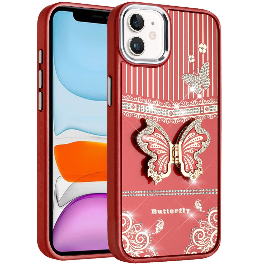 For Apple iPhone 11 Glitter 3D Butterfly Design Bling Metallic Edge Hybrid Stand Drop Protection TPU Shockproof Case Cover Cosmic Orange