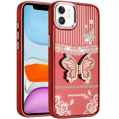 For Apple iPhone 11 Glitter 3D Butterfly Design Bling Metallic Edge Hybrid Stand Drop Protection TPU Shockproof Case Cover Cosmic Orange