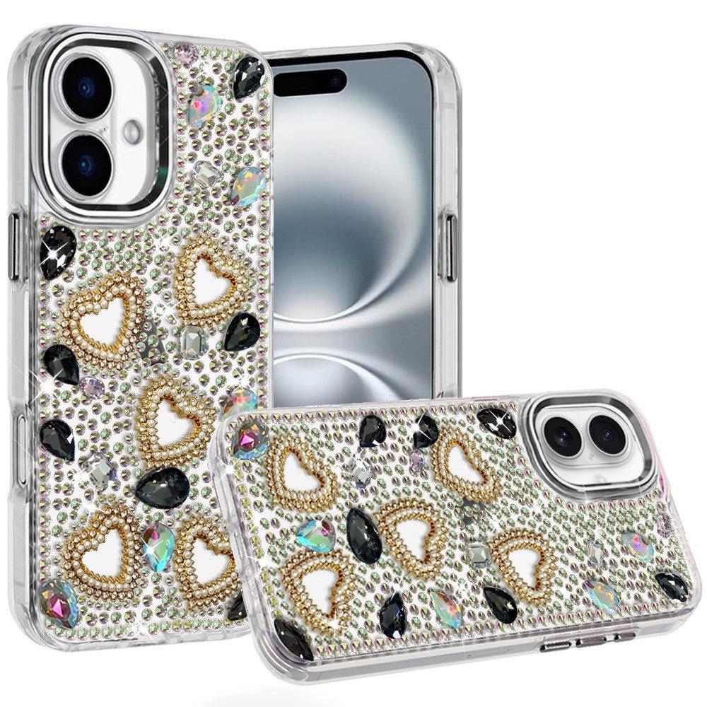 Phone Case for Apple iPhone 16 Plus Luxury Crystal Heart Rhinestone Diamond Bling Shockproof Hybrid Glitter Protective Stylish Durable Grip Cover
