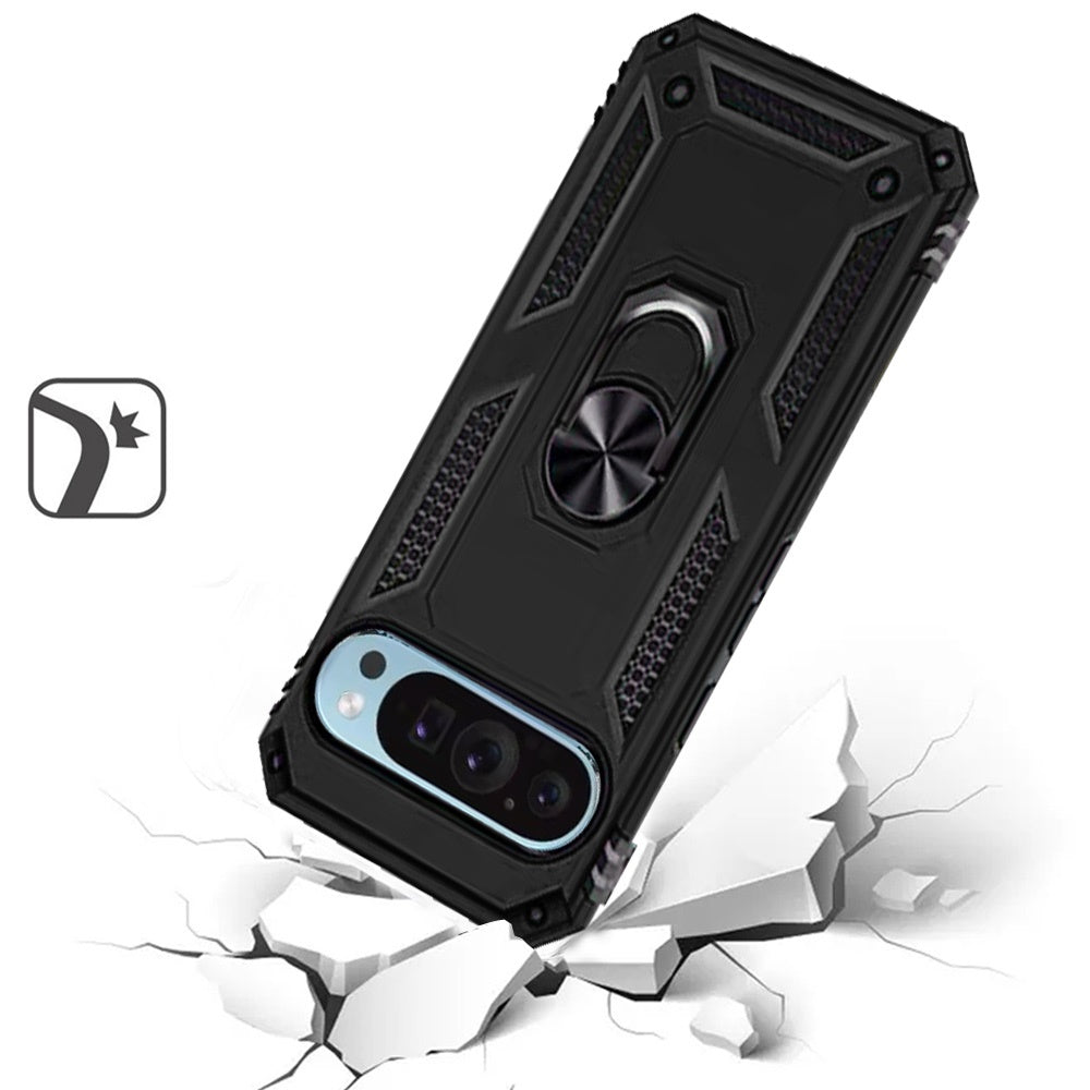 Phone Case for Google Pixel 9 Pro XL Rotatable Ring Stand Shockproof Hybrid Armor Anti Slip Heavy Duty Fit Magnetic Car Mount Durable Grip Cover Black