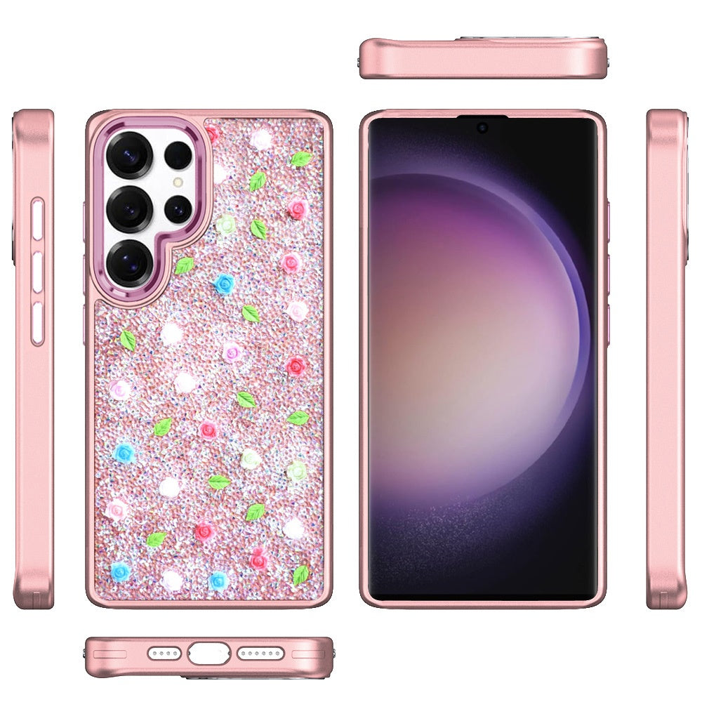 For Samsung Galaxy S25 Ultra Floral Design Embedded Glass Diamond Fancy Fashion Glitter Bling Sparkly Hybrid Rugged TPU Bumper Case Cover