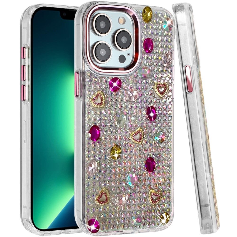 Phone Case for Apple iPhone 13 Pro Max Chrome Fashion Hybrid Bling Diamond Heart Rhinestone Decorative Stones Sparkling Embellished Design Cover
