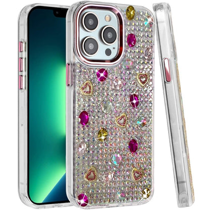 Phone Case for Apple iPhone 13 Pro Max Chrome Fashion Hybrid Bling Diamond Heart Rhinestone Decorative Stones Sparkling Embellished Design Cover