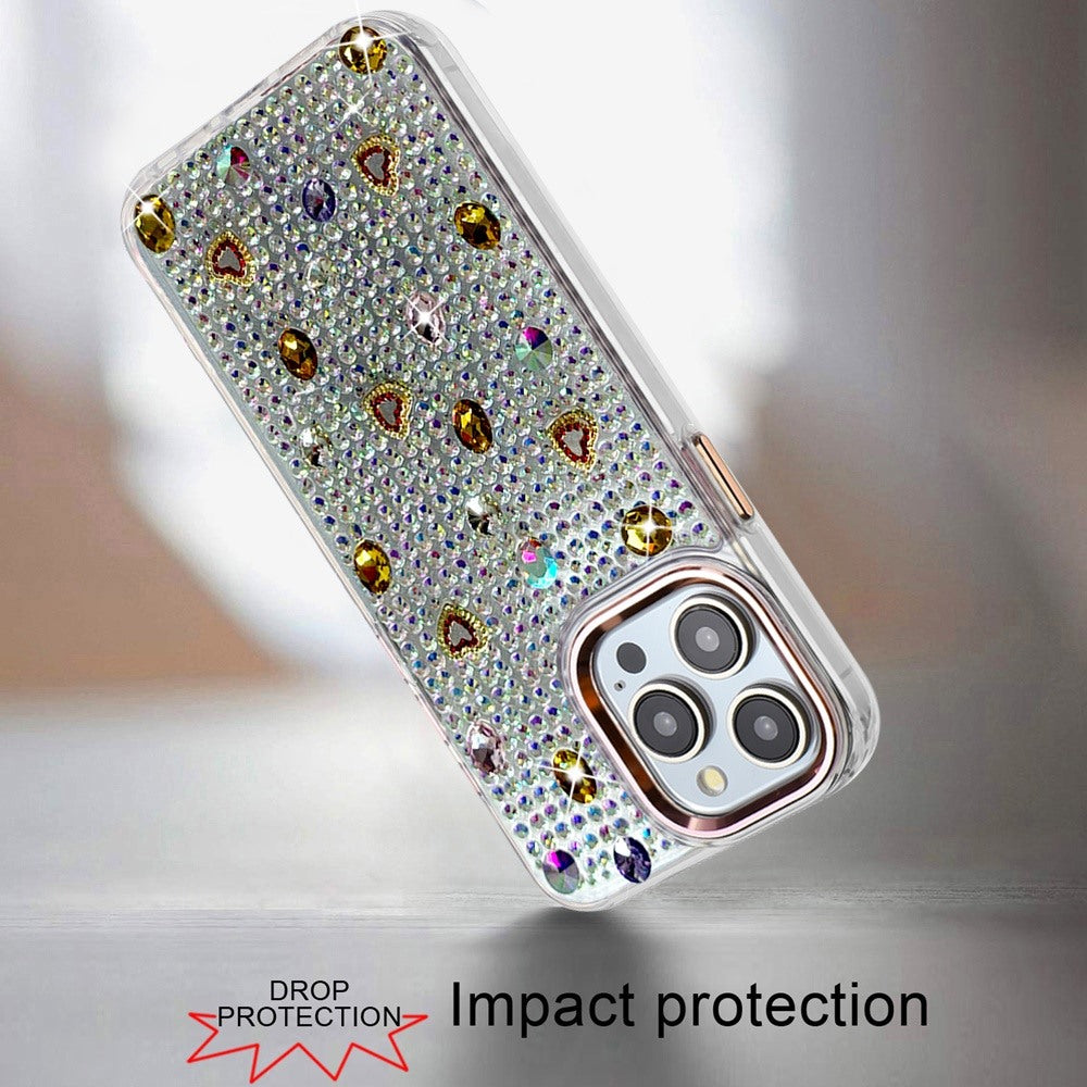 Phone Case for Apple iPhone 14 Pro Max Chrome Fashion Hybrid Bling Diamond Heart Rhinestone Decorative Stones Sparkling Embellished Design Cover