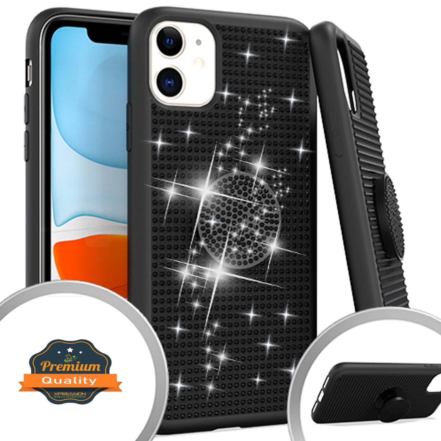 For Apple iPhone 15 Pro (6.1") Luxury Glitter Sparkle Bling Rugged Hybrid with Collapsible Stand Ring Holder Hard Shell  Phone Case Cover
