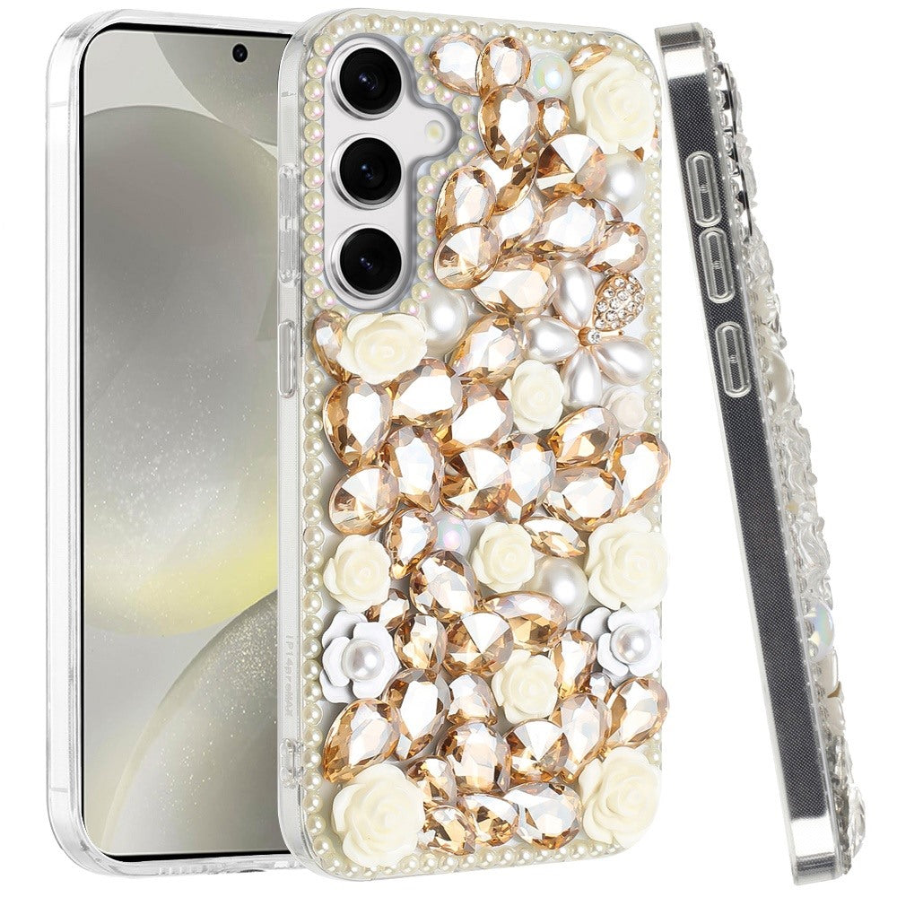 For Samsung Galaxy S25 /S24 Fashion Rose Flower Floral, 3D Bling Crystal Full Diamonds Pearl Sparkle Rhinestone Glitter Hybrid Case Cover