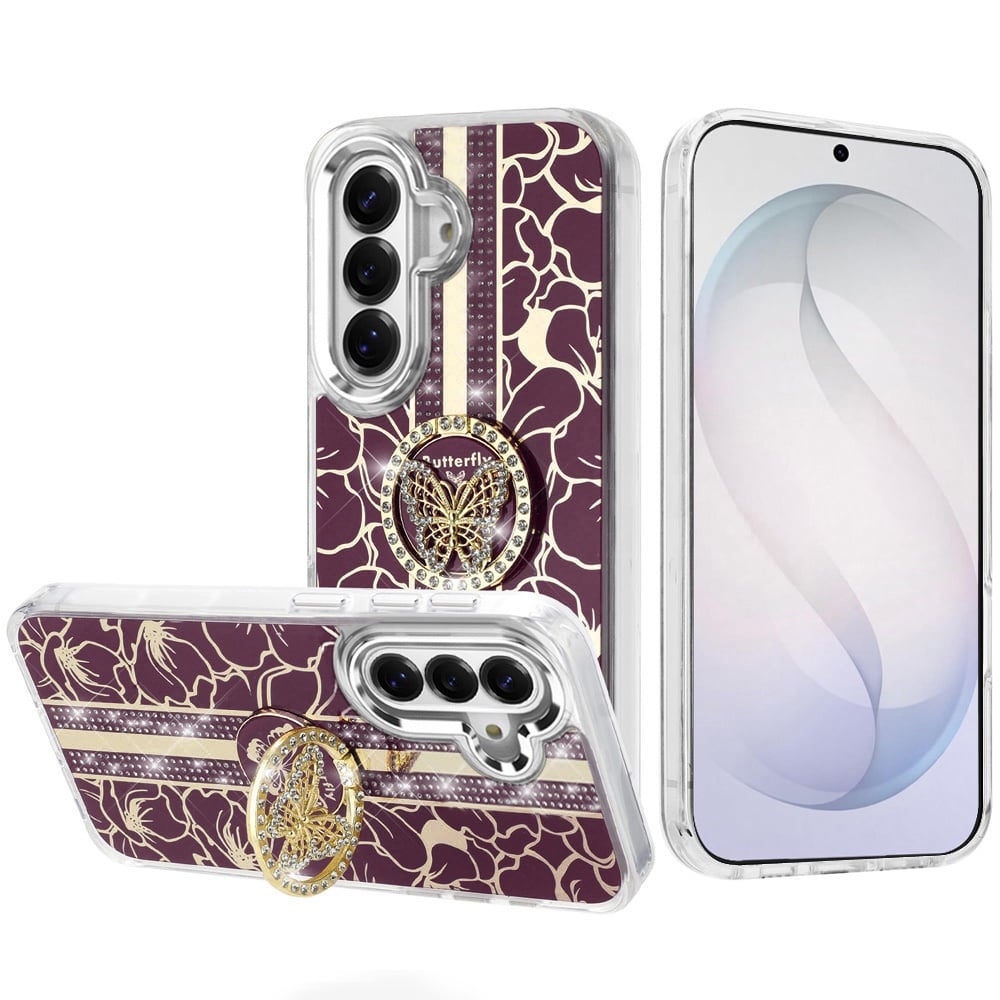 Phone Case for Samsung Galaxy S26+ / S26 Plus Floral Butterfly Ring Stand Glitter Bling Shockproof Hybrid Luxury Fashion Protective Anti Slip Durable Grip Cover Purple