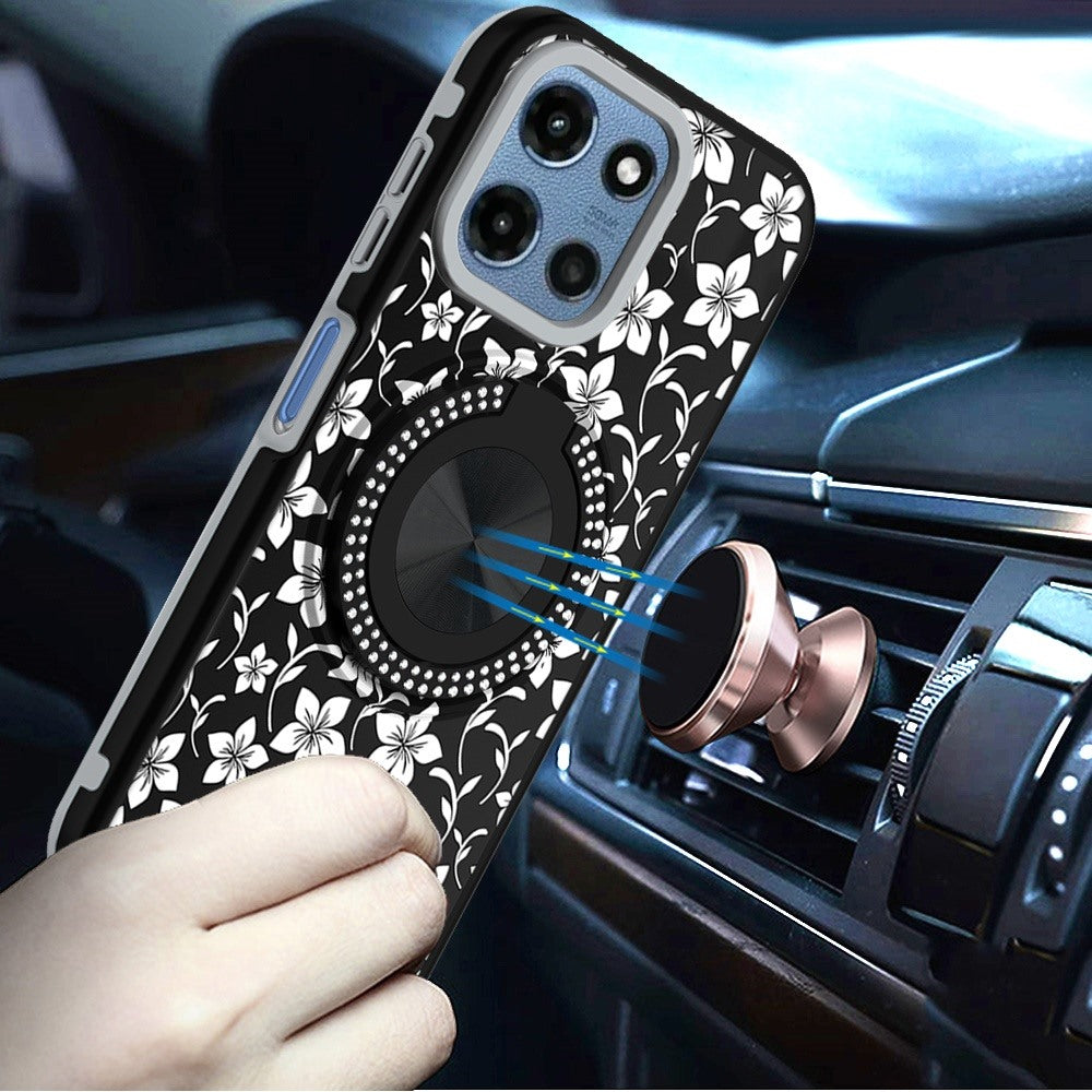 Phone Case for Motorola Moto G Play 5G 2026 Magnetic Ring Stand Matte Metal Hybrid Car Mount Friendly Shockproof Rotational Grip Diamond Design Pattern Cover Classic Floral