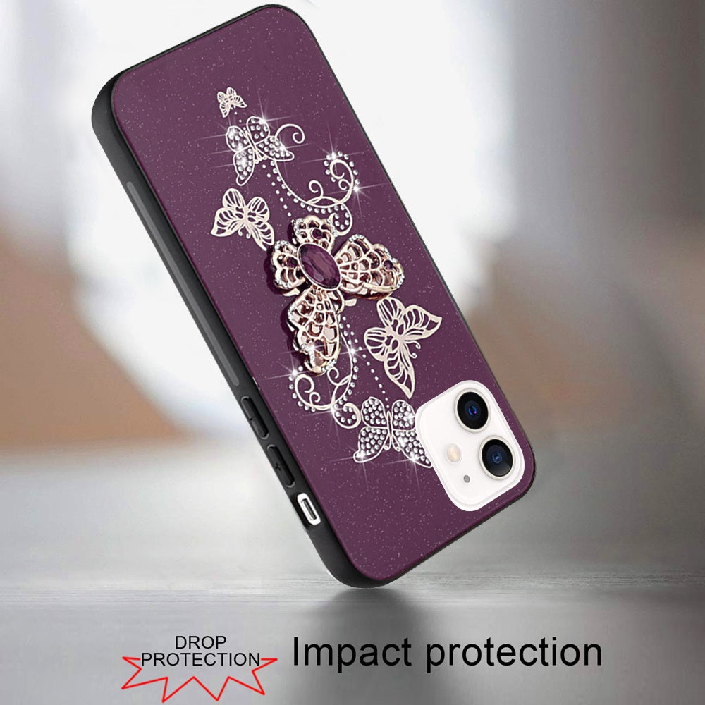 Phone Case for Apple iPhone 12 /12 Pro Diamond Glitter 3D Butterfly Engraved Luxury Bling Hybrid Shockproof Chrome Edge Protective Durable Grip Cover Purple