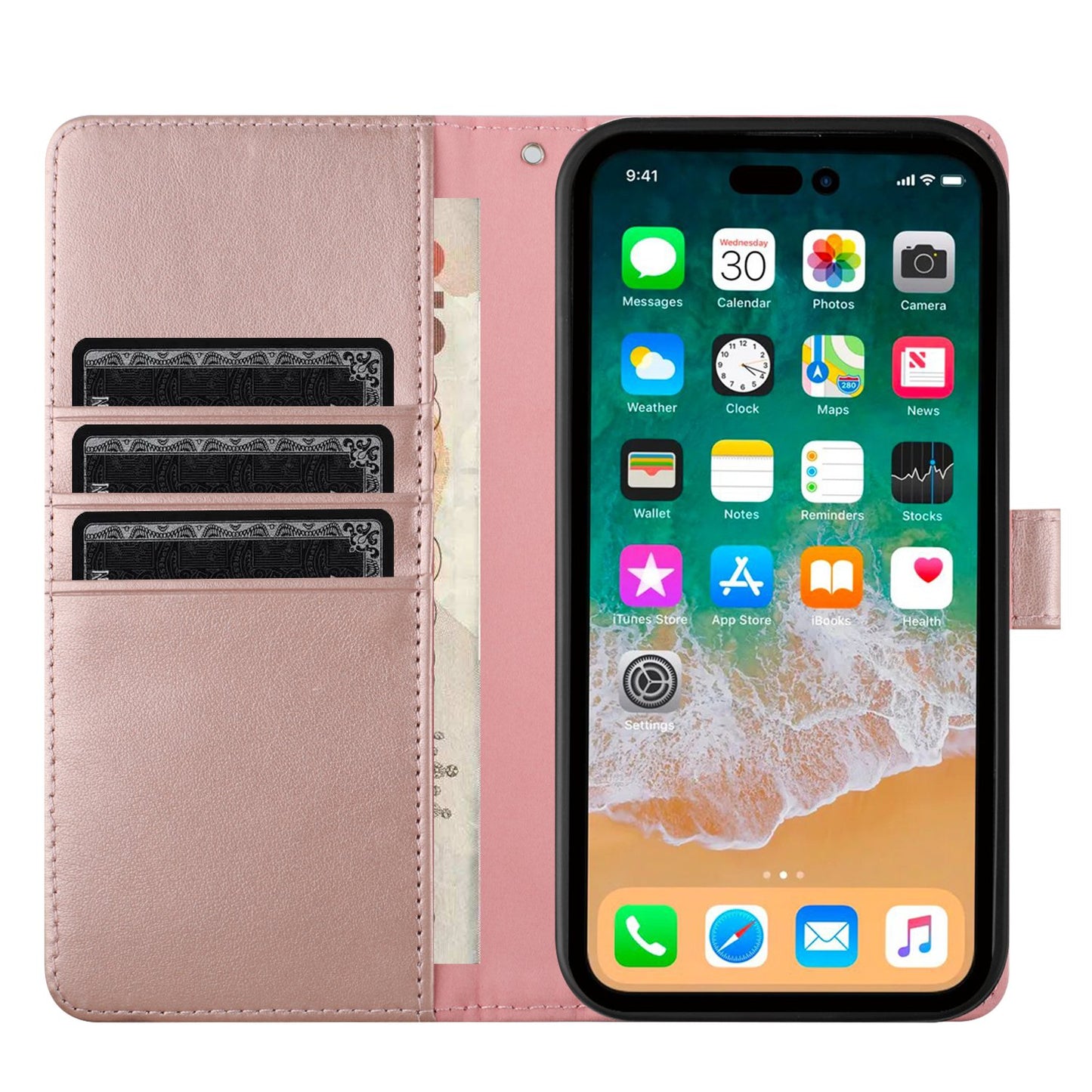 For Apple iPhone 16 Pro Max (6.9") Deattachable PU Leather Hybrid Wallet Money Credit Card Holder Support Magsafe Charger Case Cover Rose Gold