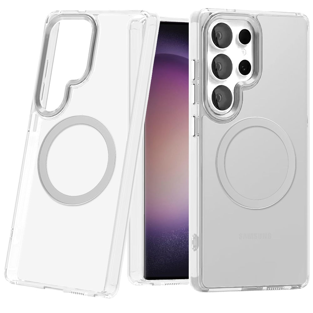 For Samsung Galaxy S23 Ultra Transparent Back Hybrid Case - Magnetic Circle, Color Frame, Metal Buttons, MagSafe Compatible Case Cover