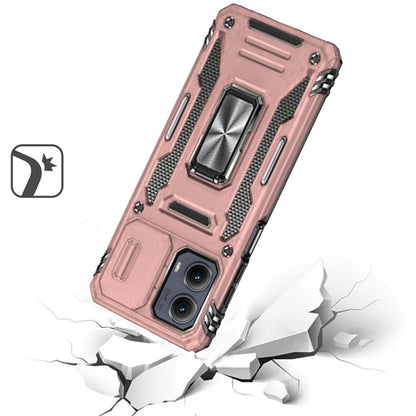 For Motorola Edge 2024 Tough Hybrid Case with Movable Camera Window & Metal Ring Stand Shockproof Case Cover Black