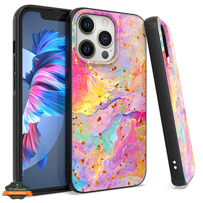 For Apple iPhone 15 Pro (6.1") Marble Fashion Stylish Flake Glitter Bling Hybrid Glossy TPU Rubber Hard PC Protection Marble Colorful Rainbow Phone Case Cover