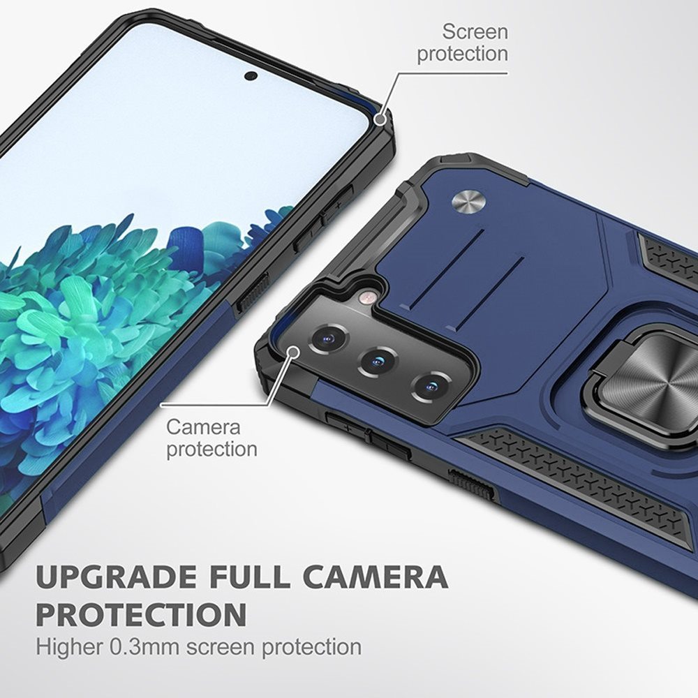 For Samsung Galaxy S21 FE /Fan Edition Armor Hybrid Magnetic Stand with Ring Holder Kickstand Shockproof Heavy-Duty Durable Rugged TPU Dual Layer Case Cover Blue