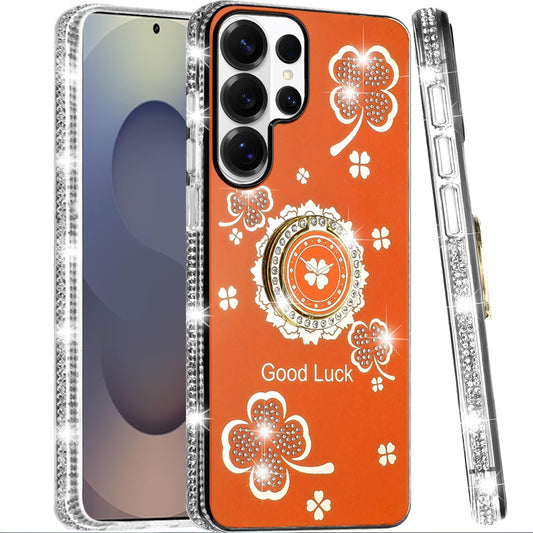 For Samsung Galaxy S25 Ultra Diamonds Bling All Around Edges Sparkly Glitter Hybrid with Ring Stand Holder Fashion Good Luck Case Cover Cosmic Orange