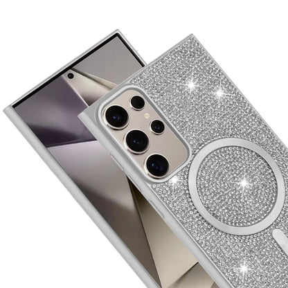 Phone Case for Samsung Galaxy S25 Ultra Magnetic Bling Diamond Sparkle Hybrid Shockproof Rugged Grip Durable Protection Anti-Slip Armor Design Cover White