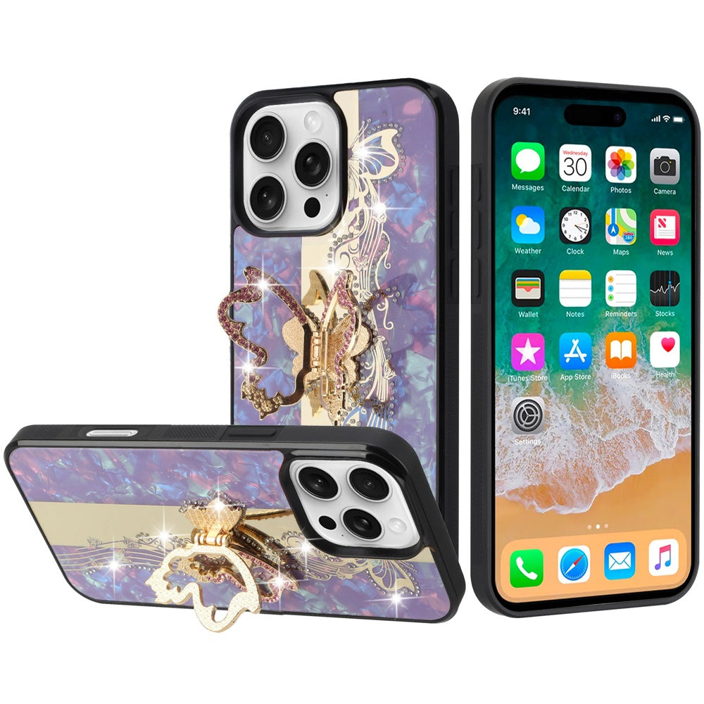 For Apple iPhone 16 (6.1") Diamond Bling Sparkly 3D Back Ornaments Engraving Hybrid with Stand Fashion Case Cover Enchanted Butterfly Purple