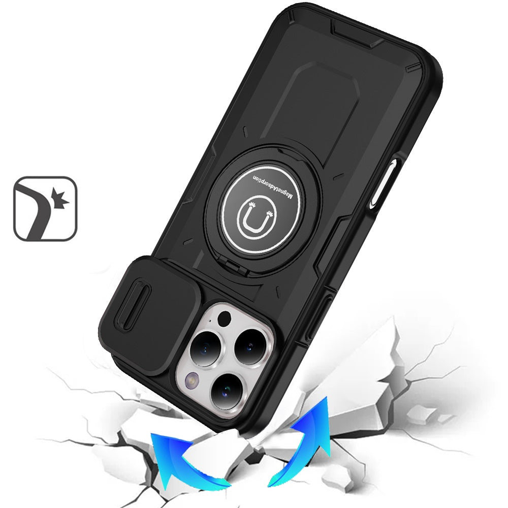 For Apple iPhone 11 Pro Max Build in Invisible Magnetic Ring Stand with Slide Camera Protector, fit Magnetic Car Mount [Compatible with MagSafe] Case Cover Black