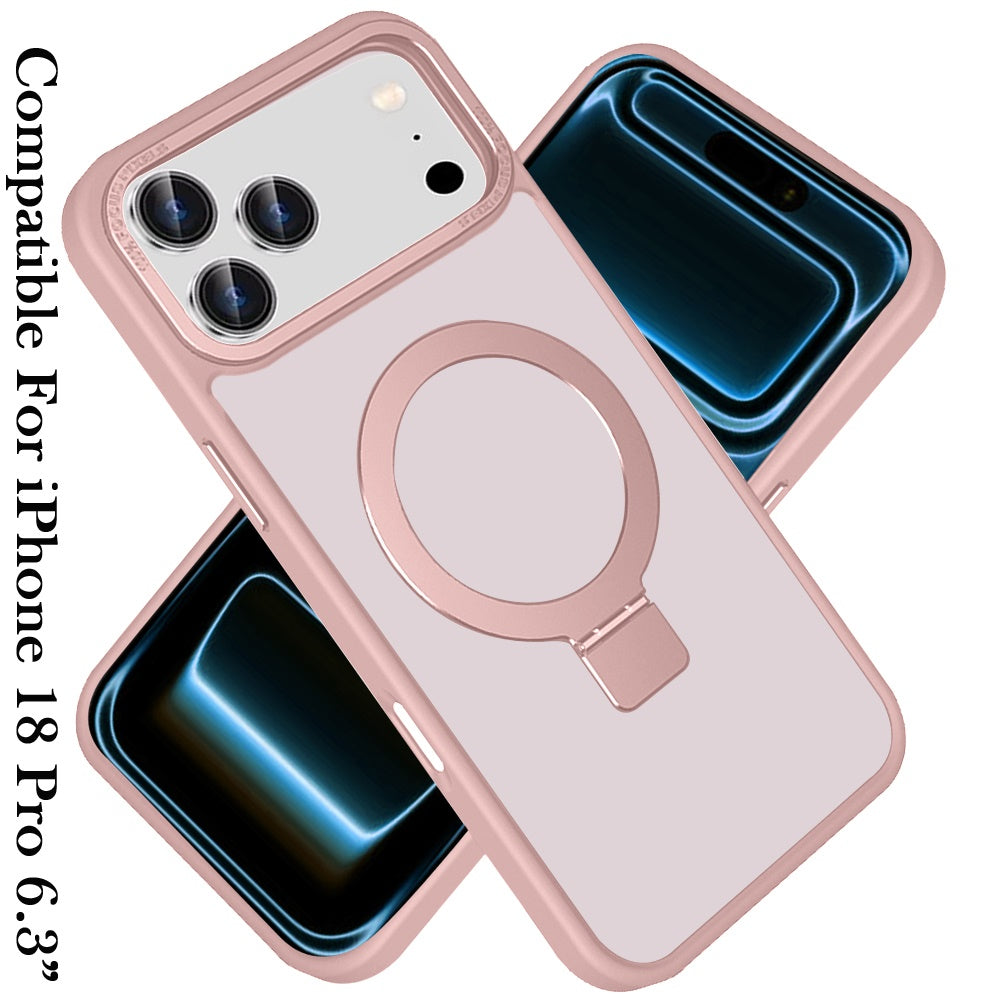 Phone Case for Apple iPhone 18 Pro/ 17 Pro Metal Chrome Magnetic Circle Kickstand Shockproof Matching Camera Protector Durable Grip Hybrid Armor Cover