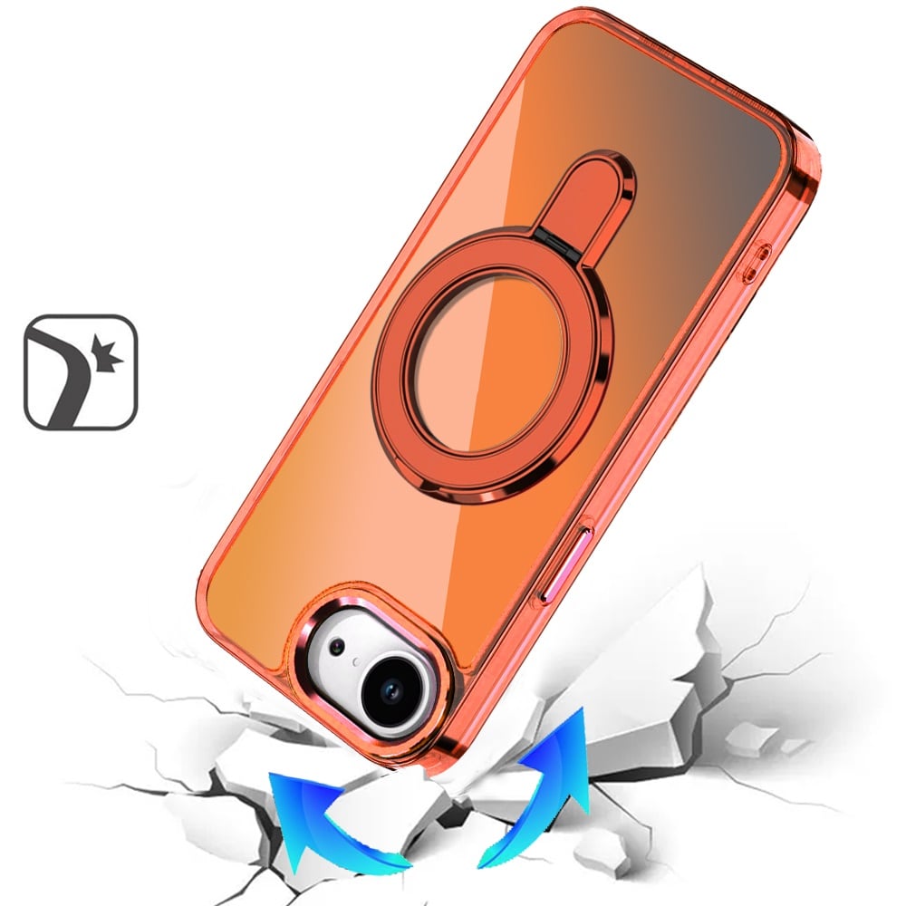 For Apple iPhone 17E /16E Chrome Hybrid with Rotating Magnetic Circle Ring Stand, Slim Shockproof Hybrid Case Cover Cosmic Orange