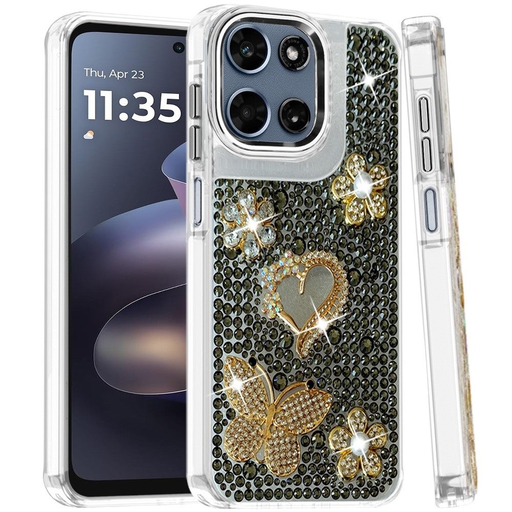 Phone Case for Motorola Moto G Play 5G 2026 Luxury Crystal Butterfly Floral Jeweled Heart Full Diamond Design, Sparkling Decorative Details, Elegant Style Cover Black