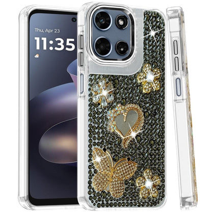 Phone Case for Motorola Moto G Play 5G 2026 Luxury Crystal Butterfly Floral Jeweled Heart Full Diamond Design, Sparkling Decorative Details, Elegant Style Cover Black