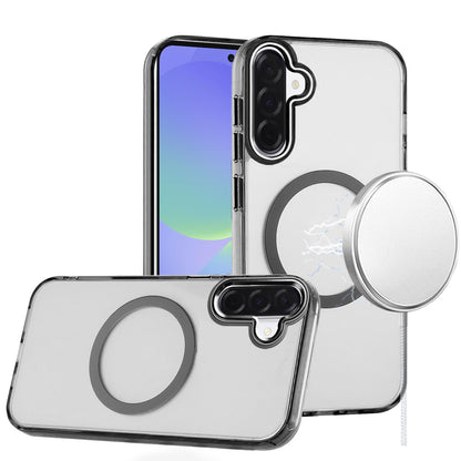 For Samsung Galaxy A37 Transparent Back Hybrid Case - Magnetic Circle, Color Frame, Metal Buttons, MagSafe Compatible Case Cover Black