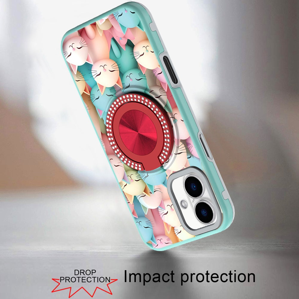 For iPhone 16 (6.1") Pattern Design Hybrid with Invisible Ring Stand & Magnetic Back, Shockproof Protective Grip Case Cover